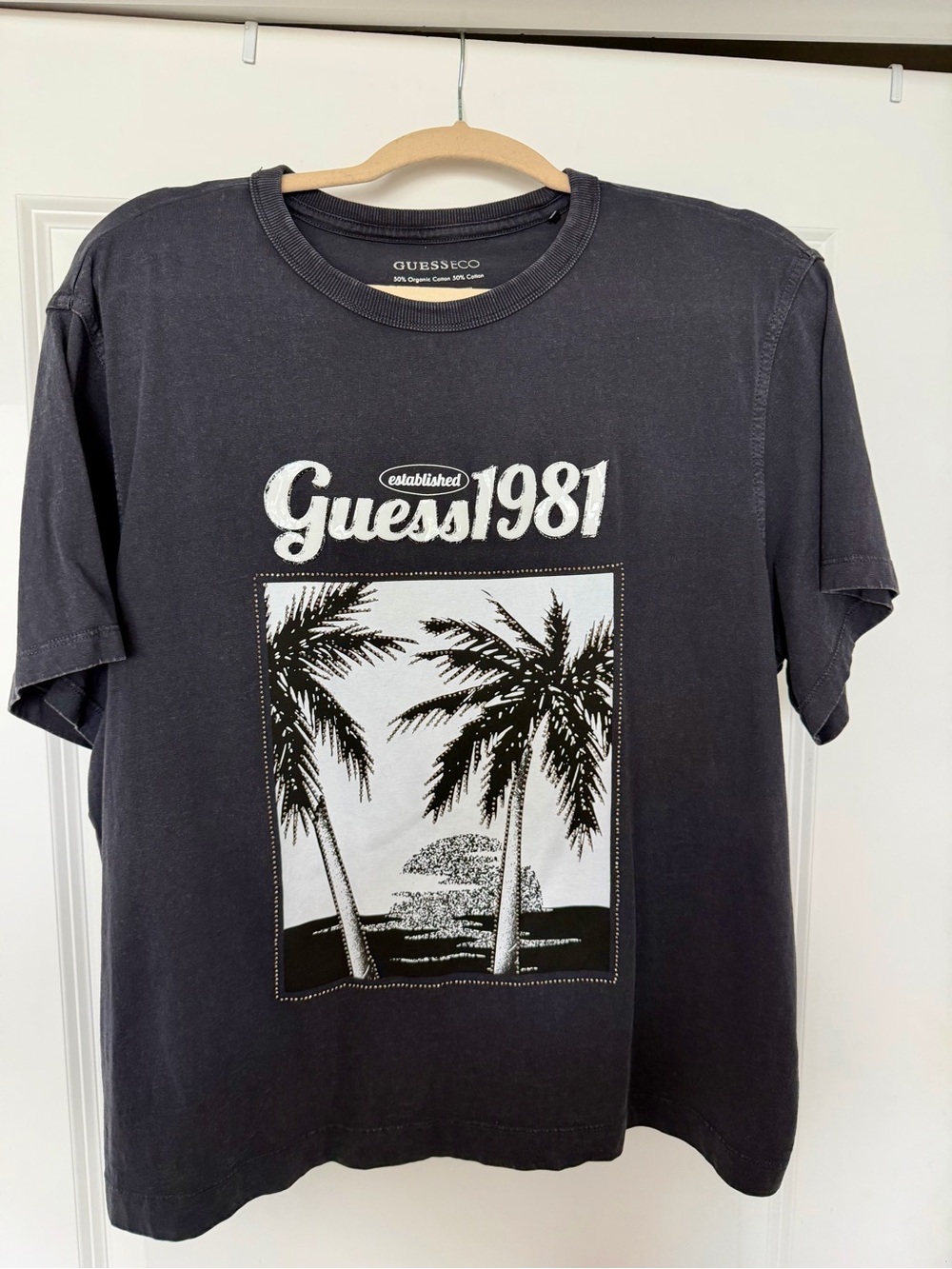 Guess Distresses Black Graphic Palm Tee with White Print